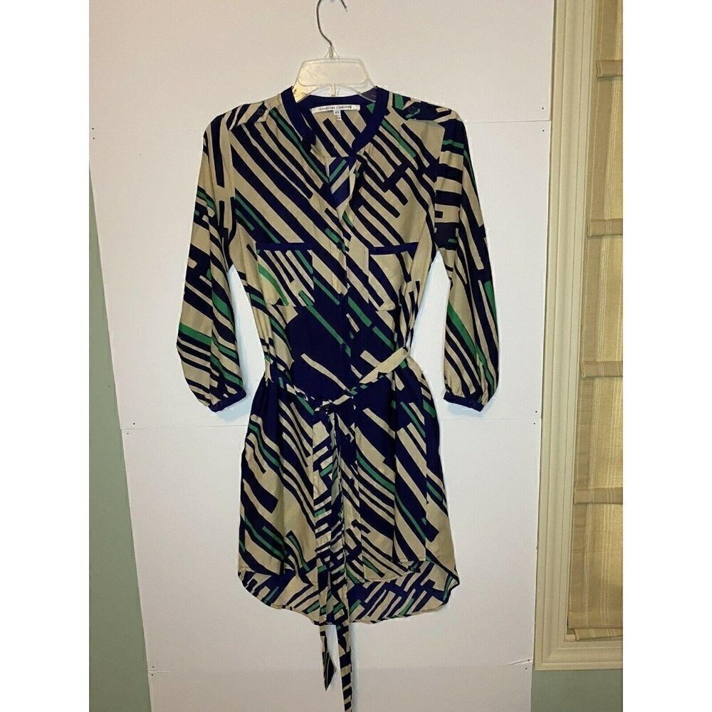 Collective Concepts XS Tan Navy Green V-neck Long Sleeve Sash Tie Dress